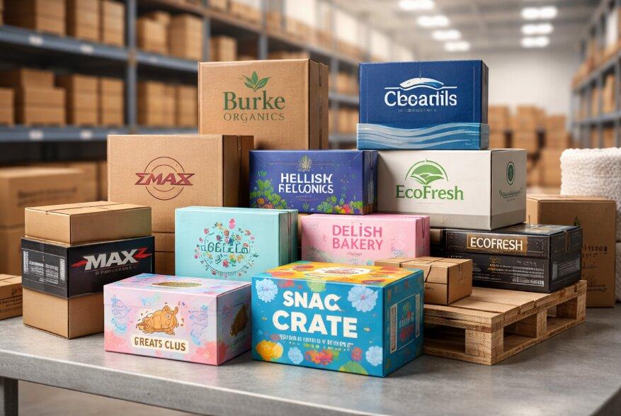Custom branded retail boxes lined up on a pallet