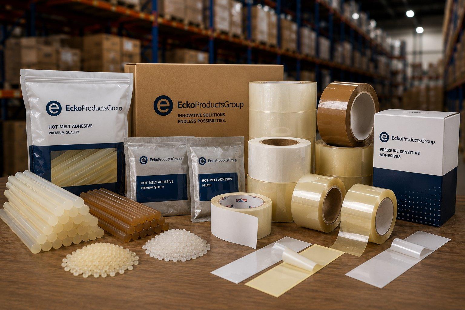 Ecko Products Group adhesives warehouse — branded hot-melt bags, glue sticks and pressure-sensitive tapes