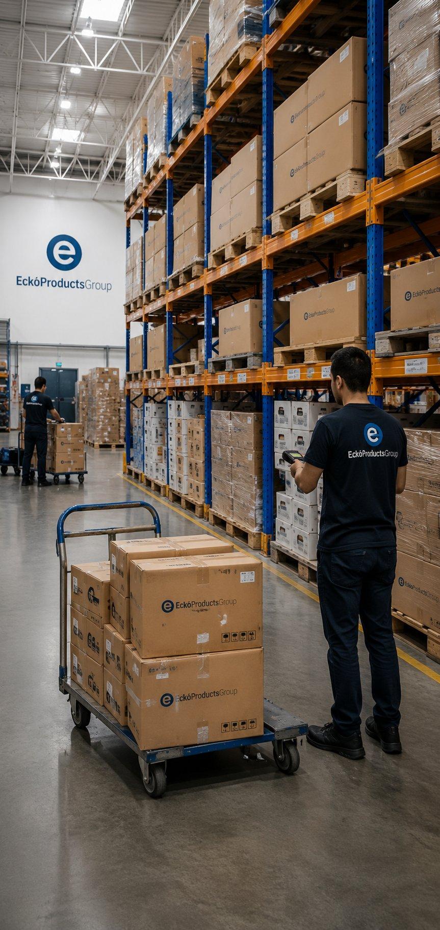 Ecko Products Group employee in branded uniform pushing a cart of Ecko-branded shipments