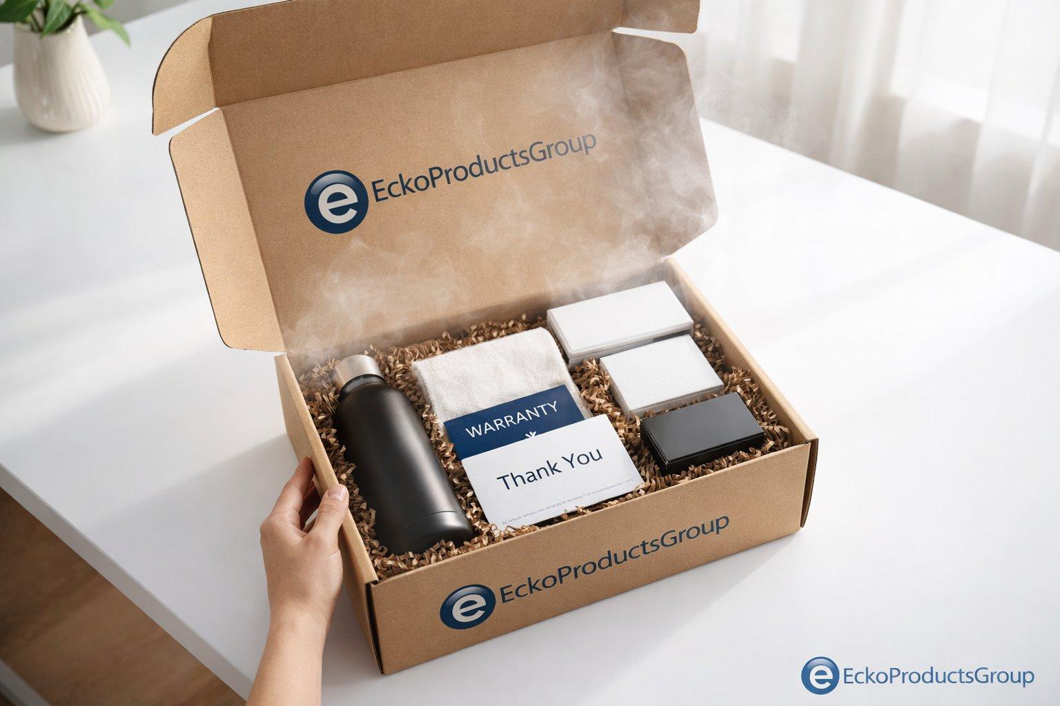 Ecko Products Group branded welcome kit — hand opening a custom unboxing experience