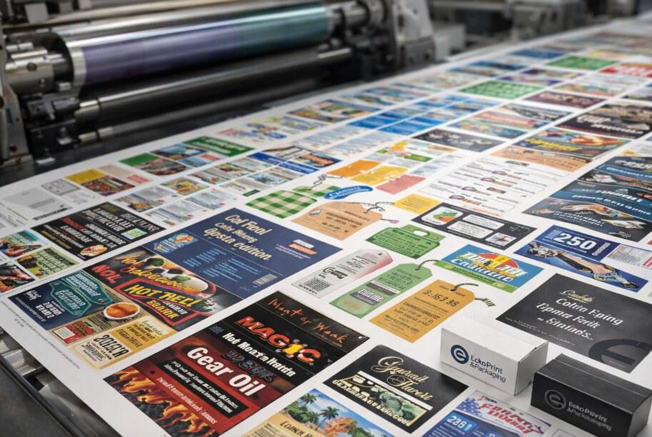 Rolls of printed labels and marketing collateral coming off the press