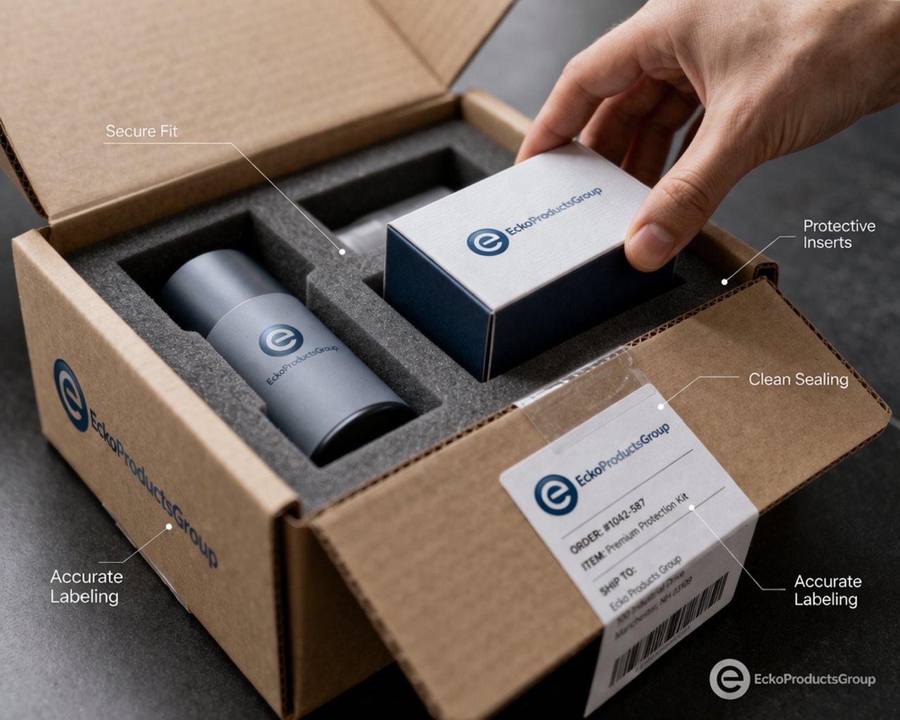 Ecko Products Group custom packaging detail — hand placing branded product into protective insert