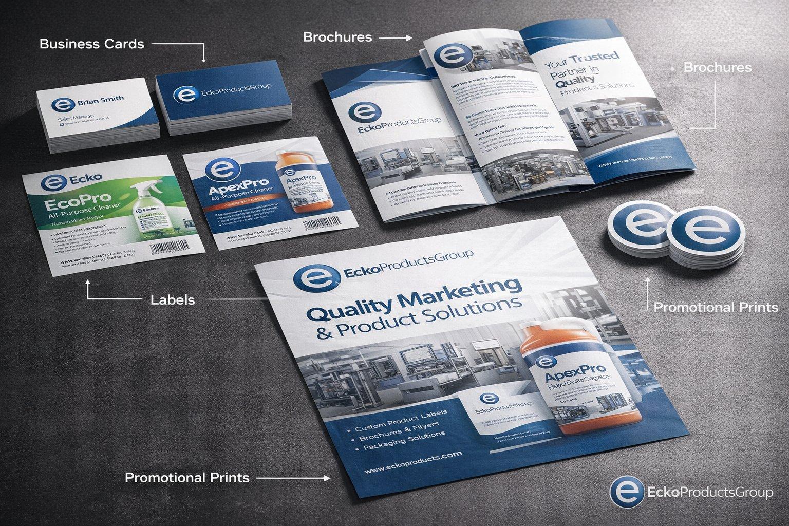 Ecko Products Group printing showcase — business cards, brochures, labels and quality marketing collateral