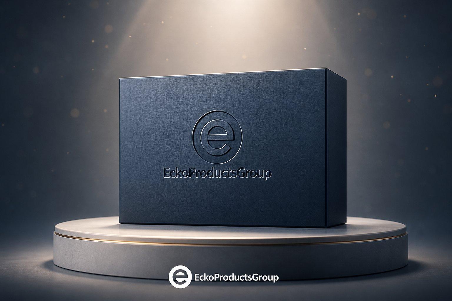 Ecko Products Group premium black branded gift box on a lit pedestal