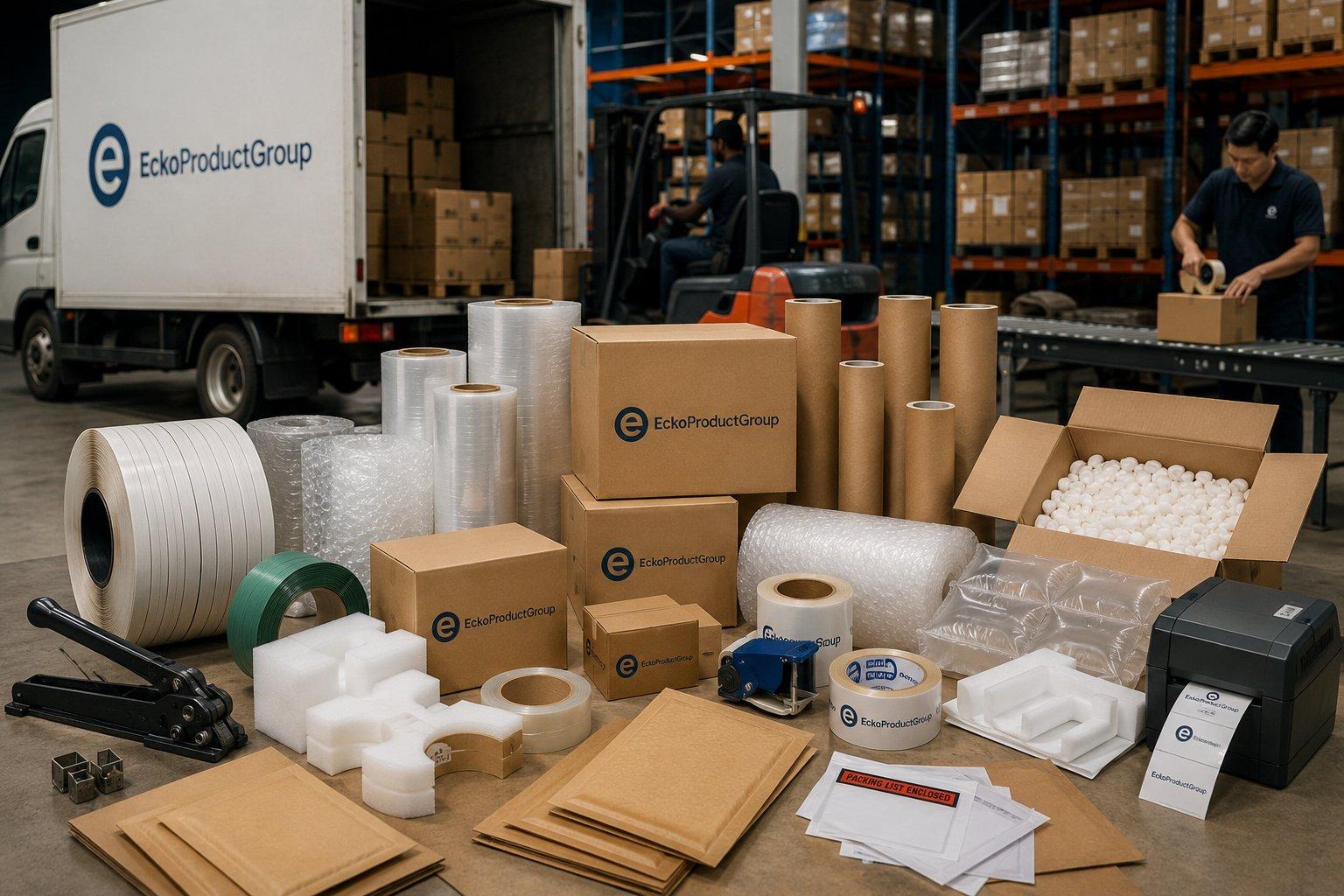 Ecko Products Group warehouse — full consumables spread with branded boxes, stretch film, tape and bubble wrap