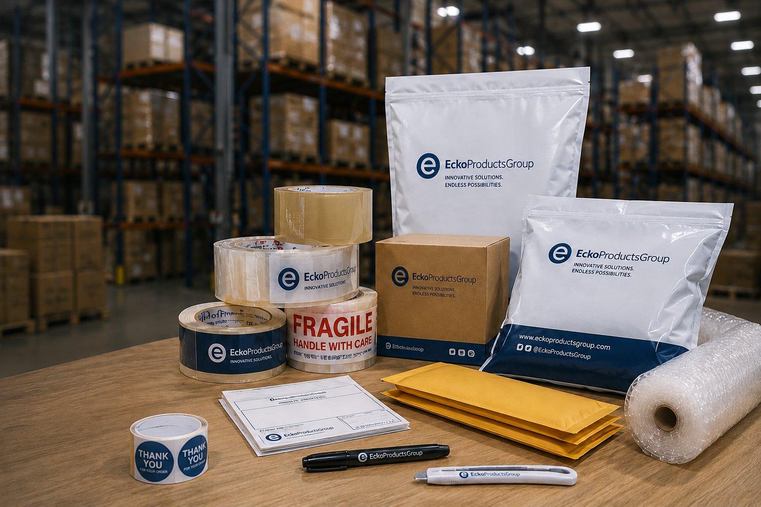 Ecko Products Group shipping supplies — branded tape, boxes, bubble mailers and labels in the warehouse
