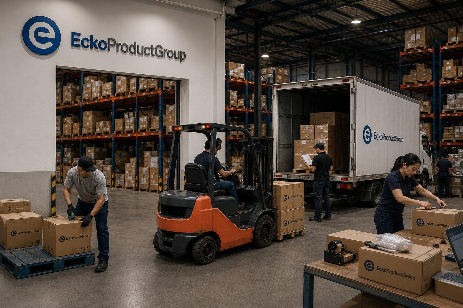 Ecko Products Group warehouse — forklift handling pallets under the branded ECKO PG sign